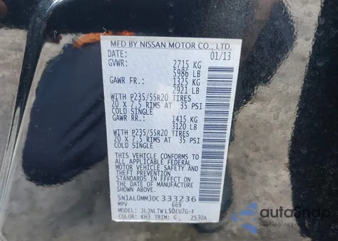 2013 Infiniti Jx35 из США, поврежденный, VIN 5N1AL0MM3DC333236